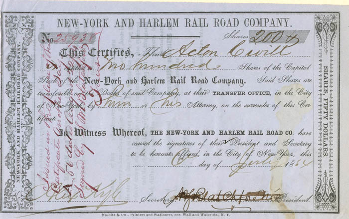New-York and Harlem Rail Road Co. - Stock Certificate